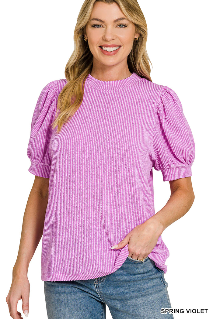 Raised Rib Puff Sleeve Top in Spring Violet
