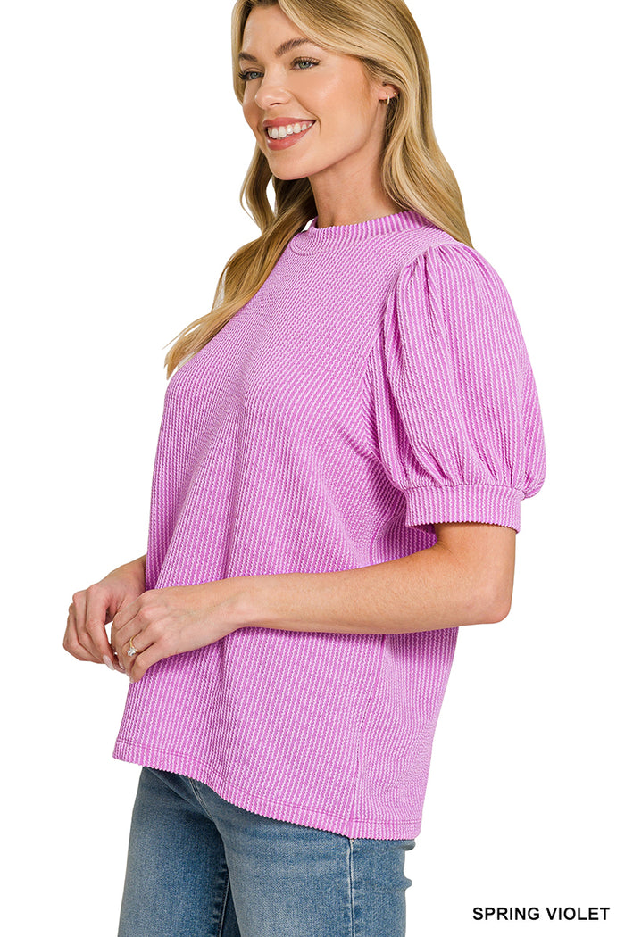 Raised Rib Puff Sleeve Top in Spring Violet