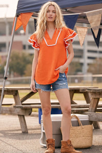 Ruffle Sleeve Scallop Trim Top in Orange/White