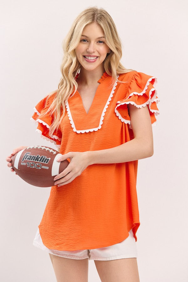Ruffle Sleeve Scallop Trim Top in Orange/White