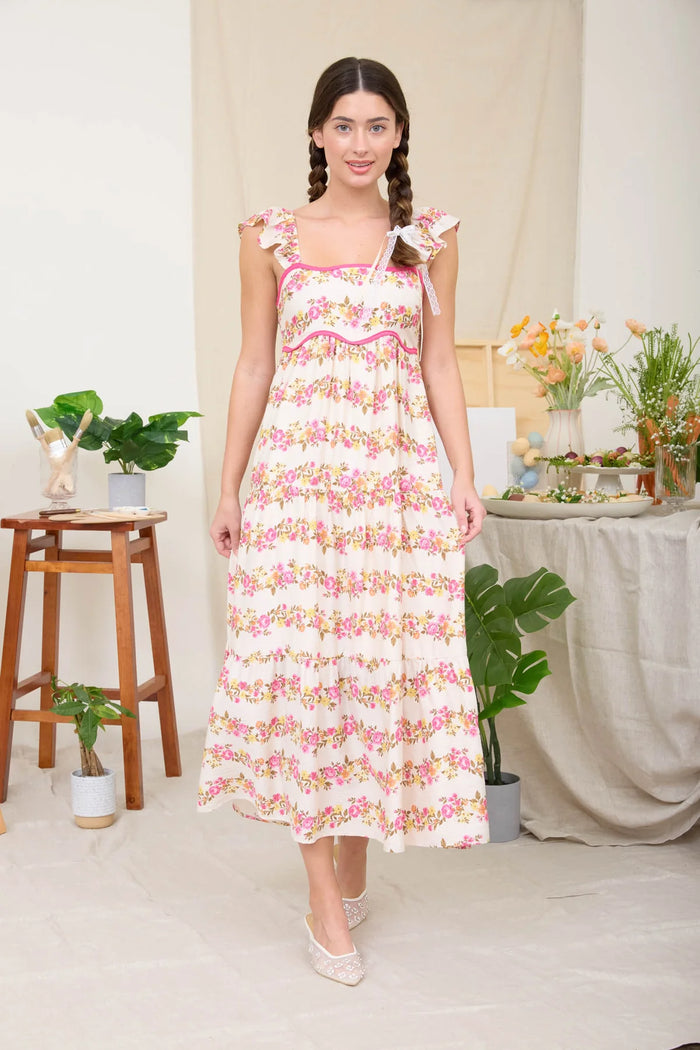 Wavy Floral Pattern Dress Pink Multi