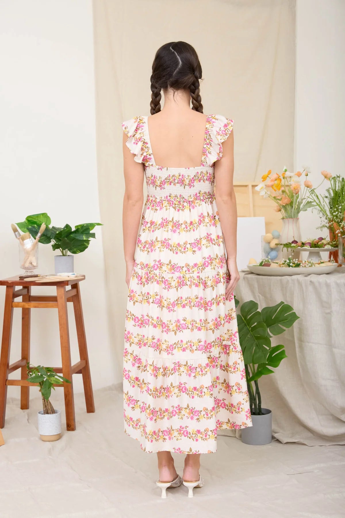 Wavy Floral Pattern Dress Pink Multi