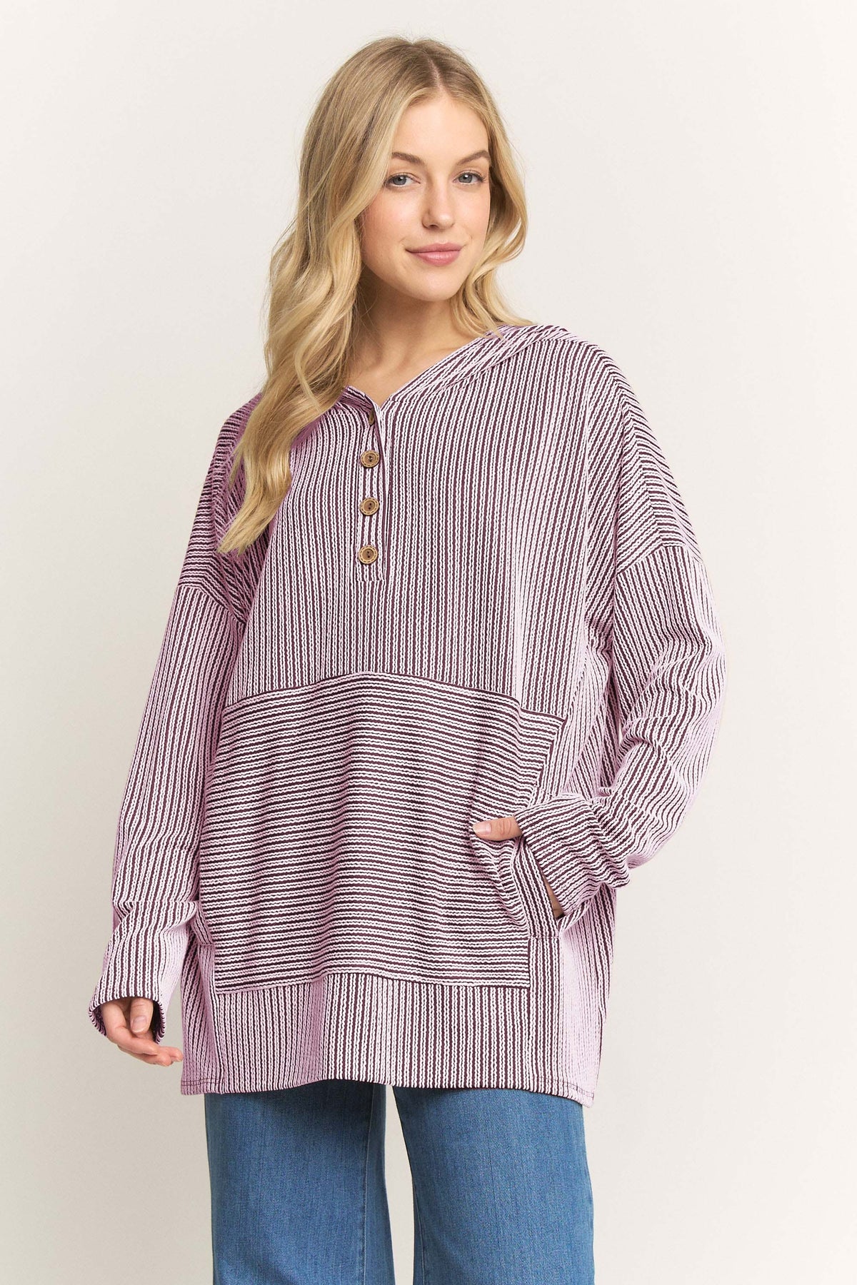 LS Stripe Hoodie in Burgundy