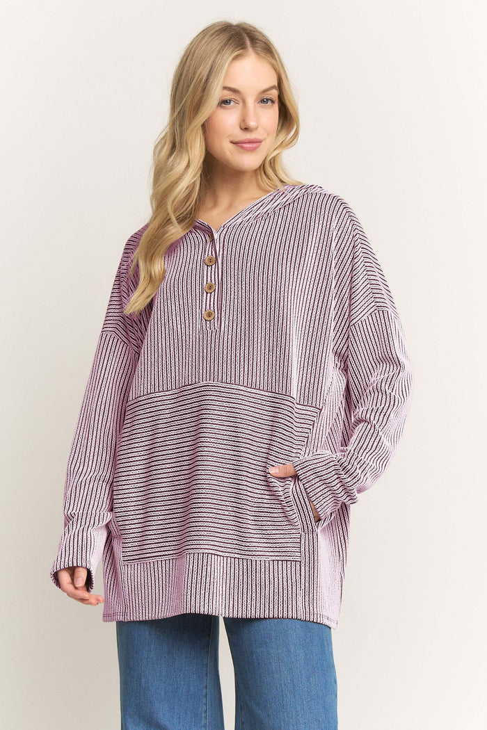 LS Stripe Hoodie in Burgundy