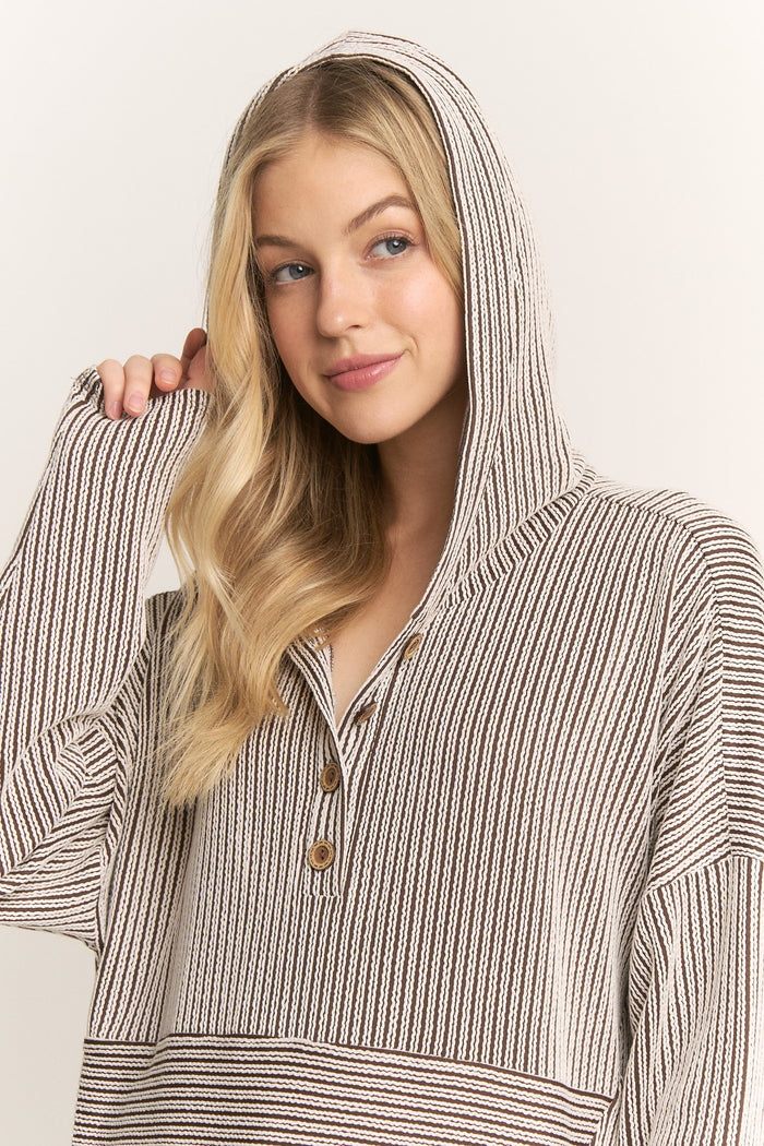 LS Stripe Hoodie in Burgundy