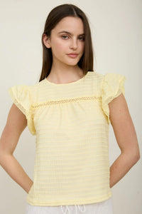 Textured Ruffle Sleeve Line Lace Detail Top in Butter Yellow