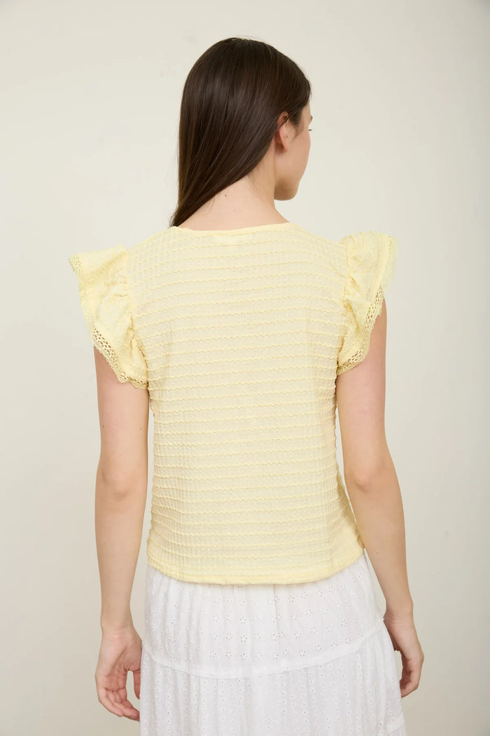 Textured Ruffle Sleeve Line Lace Detail Top in Butter Yellow