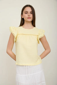 Textured Ruffle Sleeve Line Lace Detail Top in Butter Yellow
