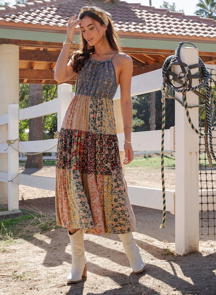 Boho Patchwork Dress in Latte