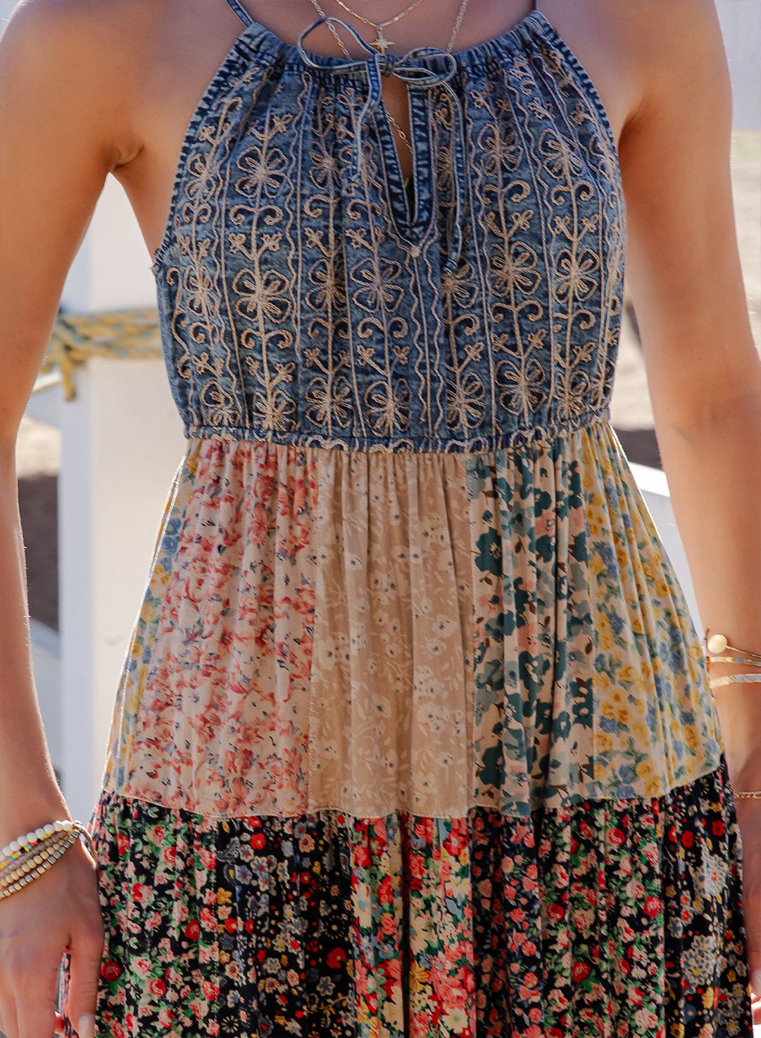 Boho Patchwork Dress in Latte